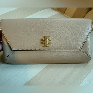 Tory Burch Taupe Leather Envelope Clutch with Gold Logo